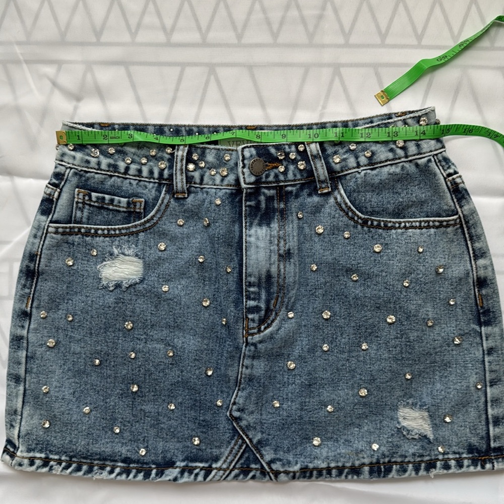 Studded Distressed Denim Mini Skirt - Blue - Picture 3 of 8